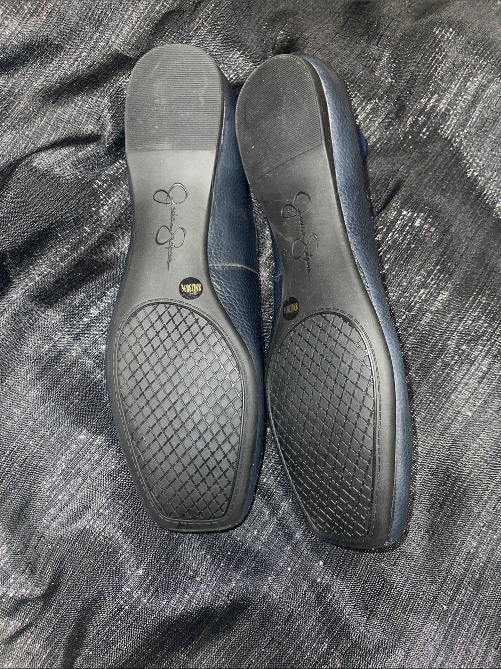 Navy Leather Square-Toe Ballet Flats with Ribbon Strap - Picture 4 of 4